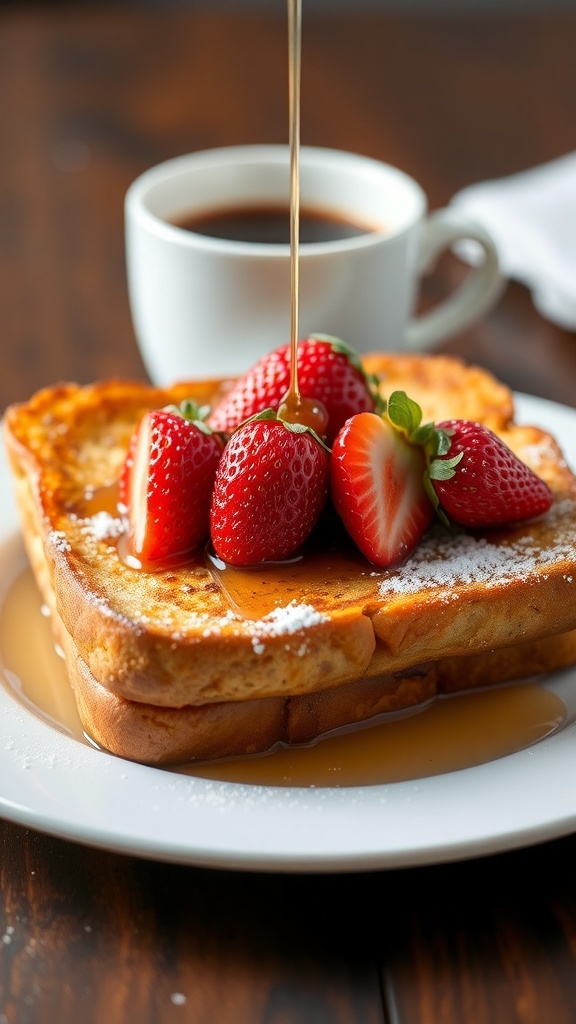Golden-brown French toast with strawberries and maple syrup on a plate.